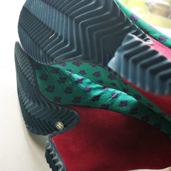 MARC JACOBS Canvas Floral Print Pumps Teal Red Adjustable Almond Toe SZ 9 Retro - Picture 8 of 10